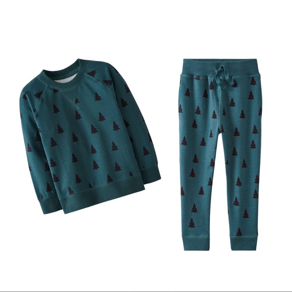 HANNA ANDERSSON SET French Terry Sweatshirt Sweatpants Juniper Green Trees